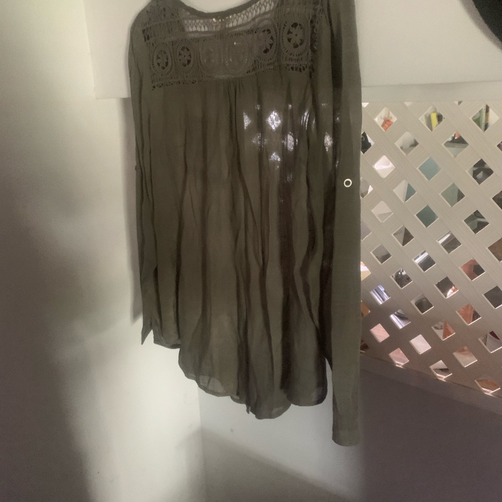 Forgotten Grace Olive Green Sheer Blouse With Crochet Detail - Picture 5 of 6